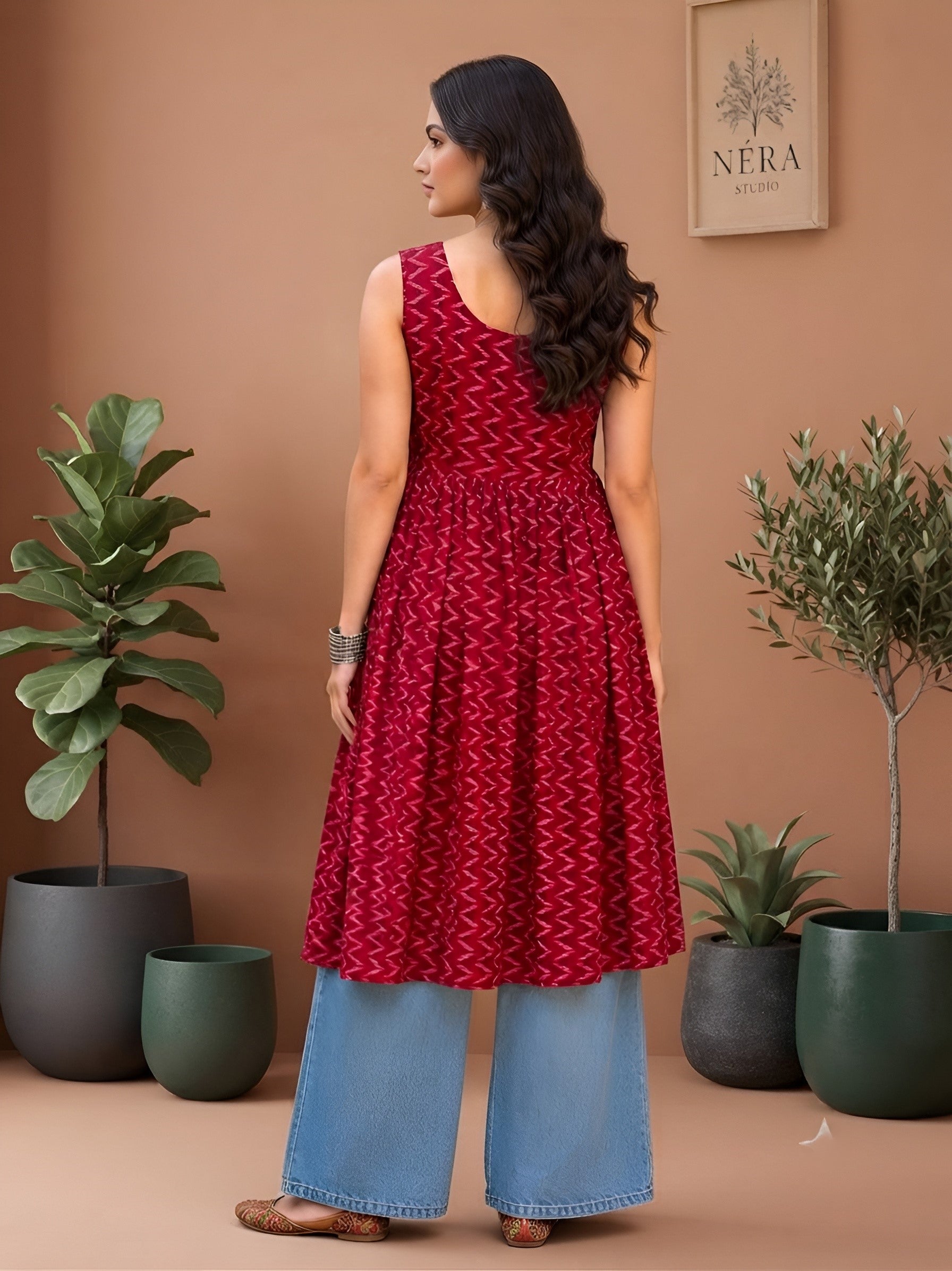 Myshka Women Red Sleeveless Ikkat Printed Cotton Blend Embroiderd Kurti | Grocsy
