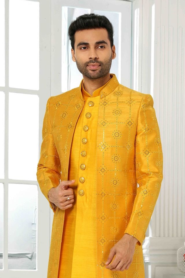 Raivat Ethnic Art Silk Embroidery Work 3 Pcs Indo Jacket Set In Yellow Colour | Grocsy