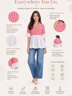 Myshka Women's Red Gingham Cotton Wrap Style Peplum Top with Contrast Swiss Dot Hem | Grocsy
