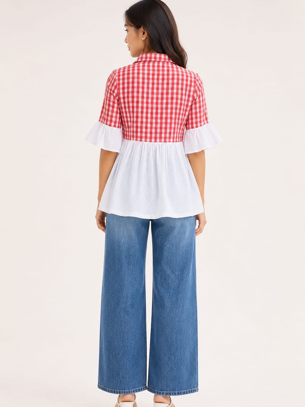 Myshka Women's Red Gingham Cotton Wrap Style Peplum Top with Contrast Swiss Dot Hem | Grocsy