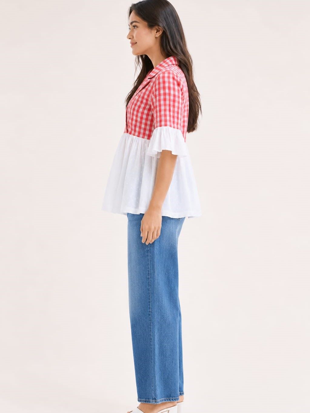 Myshka Women's Red Gingham Cotton Wrap Style Peplum Top with Contrast Swiss Dot Hem | Grocsy