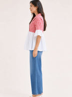 Myshka Women's Red Gingham Cotton Wrap Style Peplum Top with Contrast Swiss Dot Hem | Grocsy