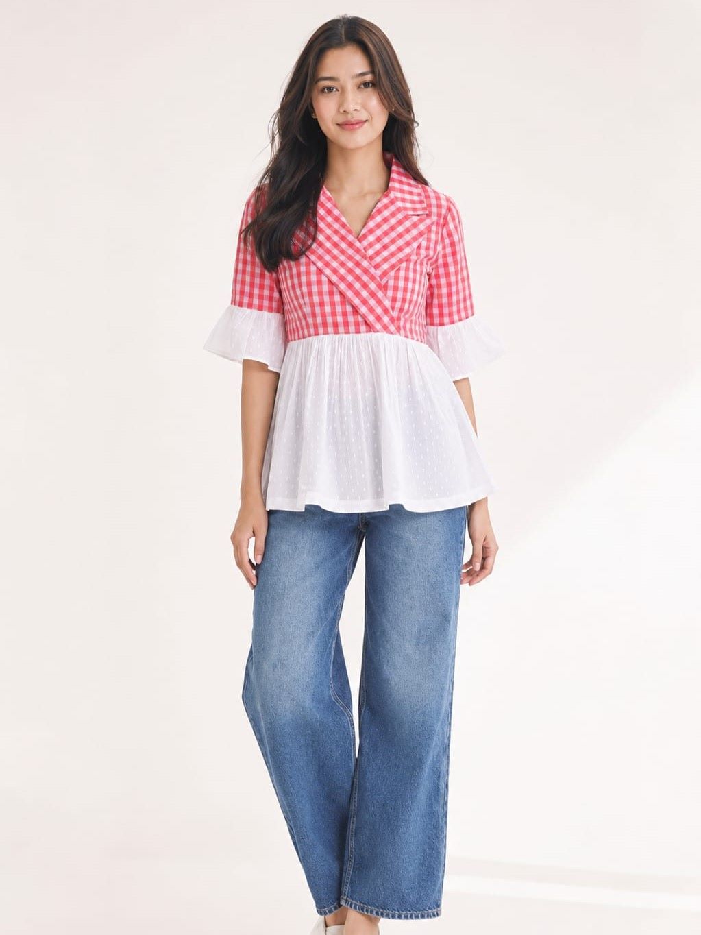 Myshka Women's Red Gingham Cotton Wrap Style Peplum Top with Contrast Swiss Dot Hem | Grocsy