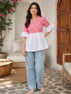 Myshka Women's Red Gingham Cotton Wrap Style Peplum Top with Contrast Swiss Dot Hem | Grocsy