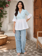 Myshka Women's Sea Green Gingham Cotton Wrap Style Peplum Top with Contrast Swiss Dot Hem | Grocsy