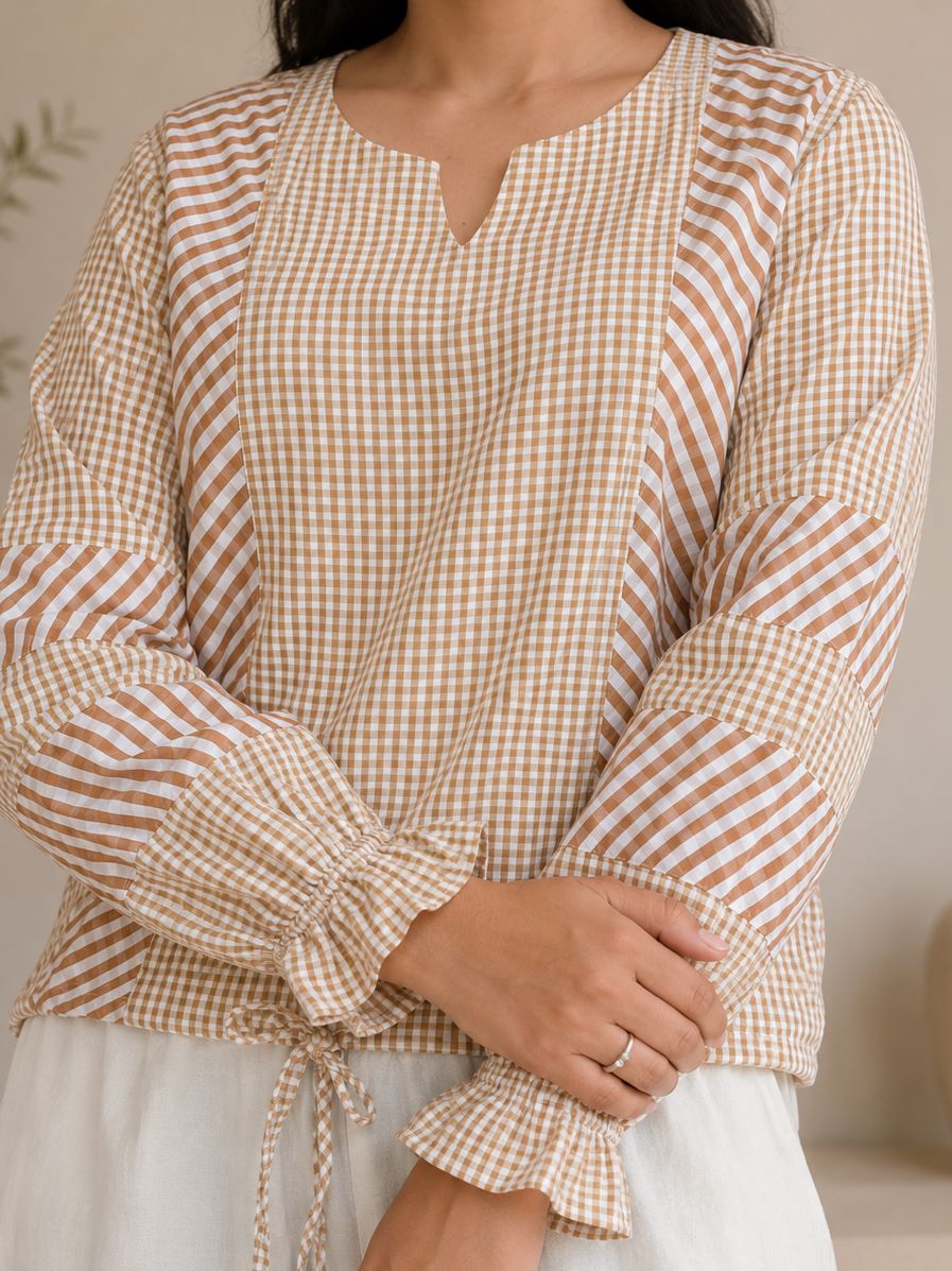 Myshka Women's Brown Checks Full Sleeves Cotton Drawstring Top | Grocsy