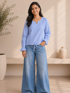 Myshka Women's Blue Checks Full Sleeves Cotton Drawstring Top | Grocsy