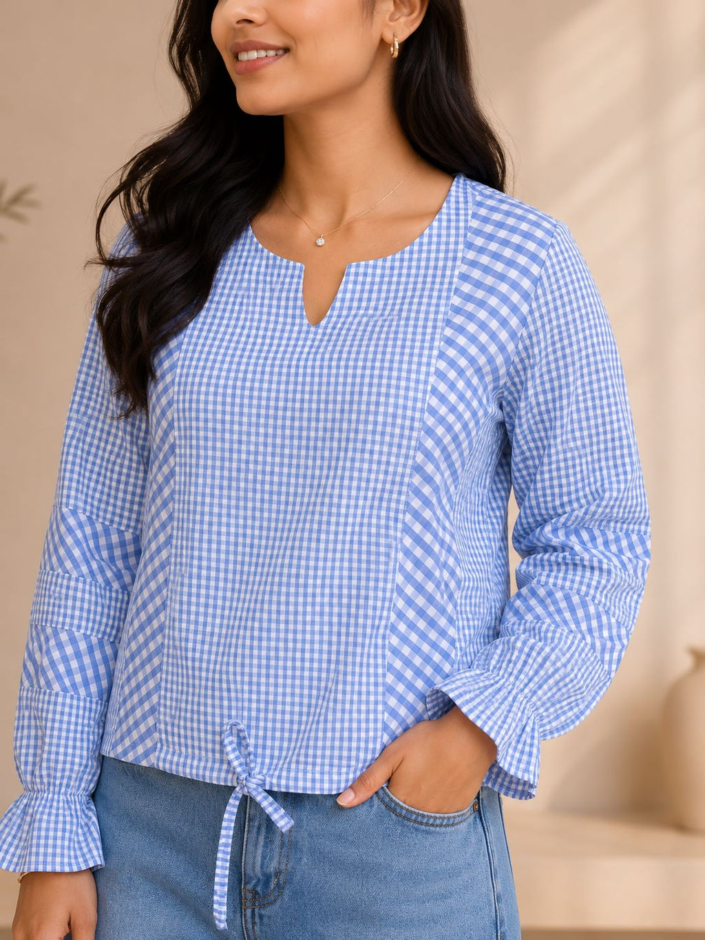 Myshka Women's Blue Checks Full Sleeves Cotton Drawstring Top | Grocsy