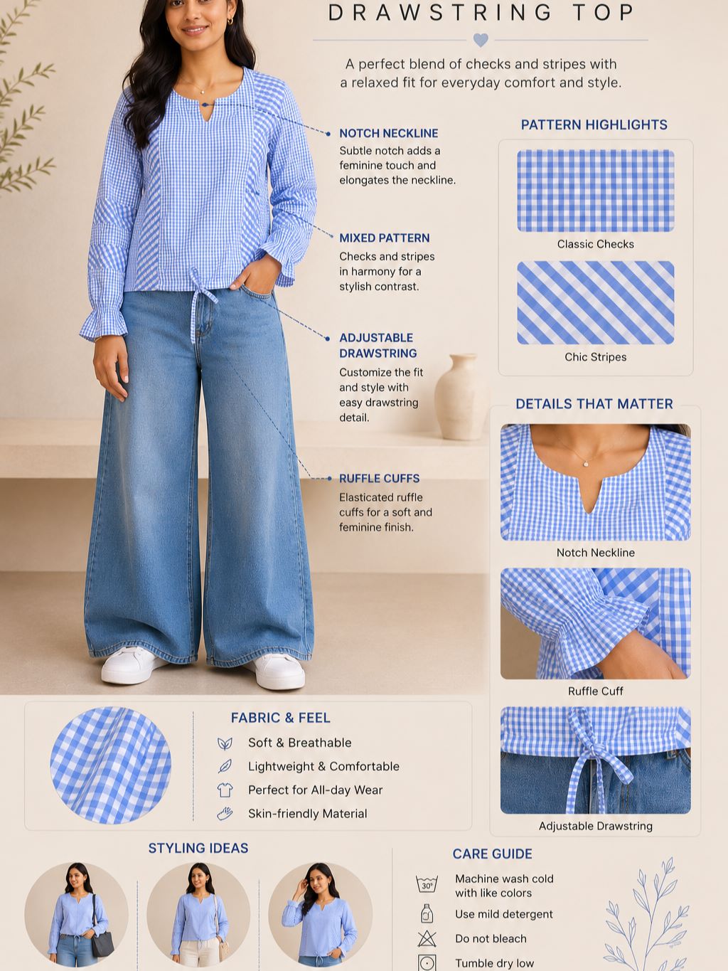 Myshka Women's Blue Checks Full Sleeves Cotton Drawstring Top | Grocsy