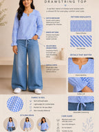 Myshka Women's Blue Checks Full Sleeves Cotton Drawstring Top | Grocsy