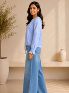 Myshka Women's Blue Checks Full Sleeves Cotton Drawstring Top | Grocsy