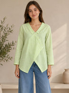 Myshka Women's Green Gingham Cotton Wrap Style Top with Sailor Collar | Grocsy