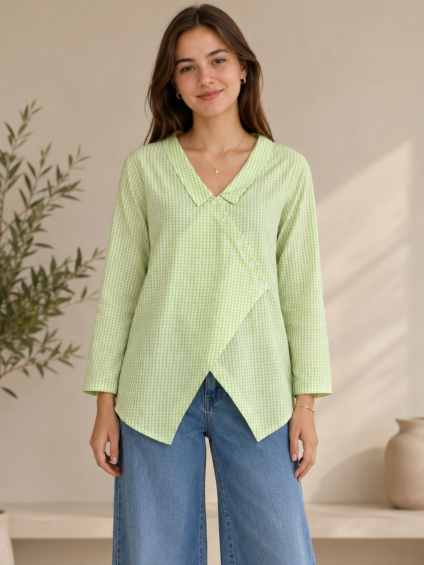 Myshka Women's Green Gingham Cotton Wrap Style Top with Sailor Collar | Grocsy