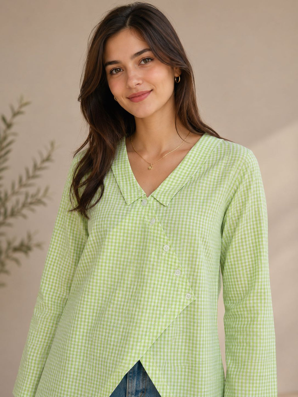 Myshka Women's Green Gingham Cotton Wrap Style Top with Sailor Collar | Grocsy