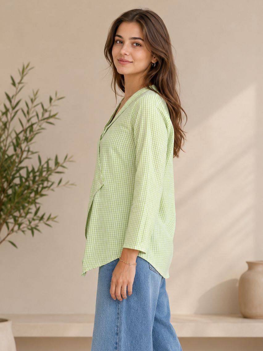 Myshka Women's Green Gingham Cotton Wrap Style Top with Sailor Collar | Grocsy