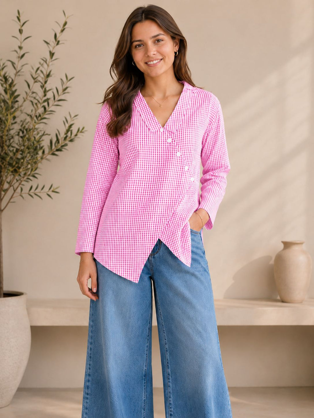 Myshka Women's Pink Gingham Cotton Wrap Style Top with Sailor Collar | Grocsy