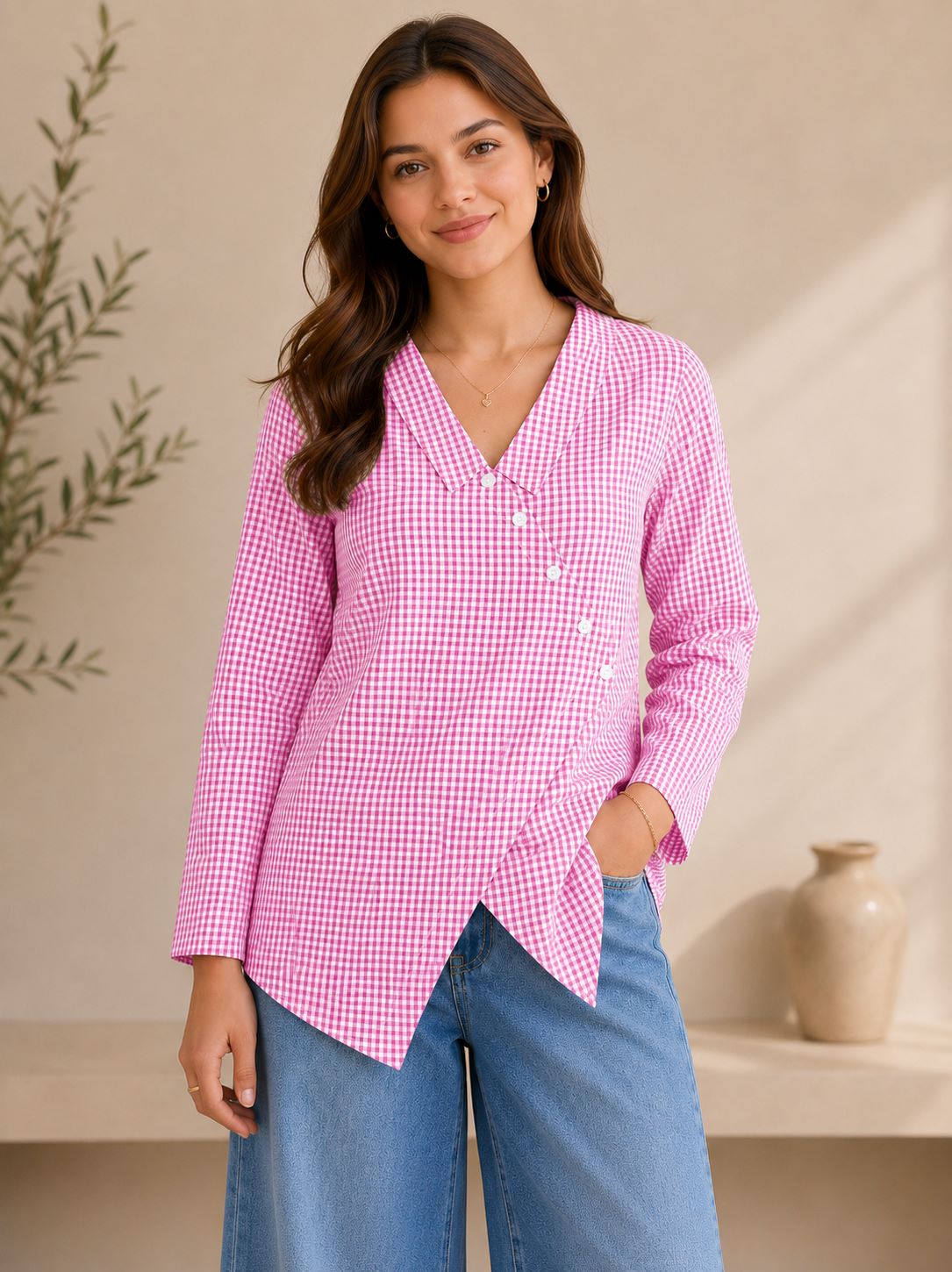 Myshka Women's Pink Gingham Cotton Wrap Style Top with Sailor Collar | Grocsy
