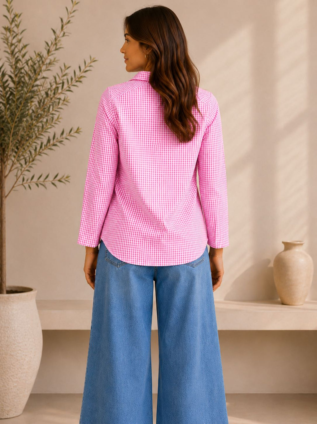 Myshka Women's Pink Gingham Cotton Wrap Style Top with Sailor Collar | Grocsy