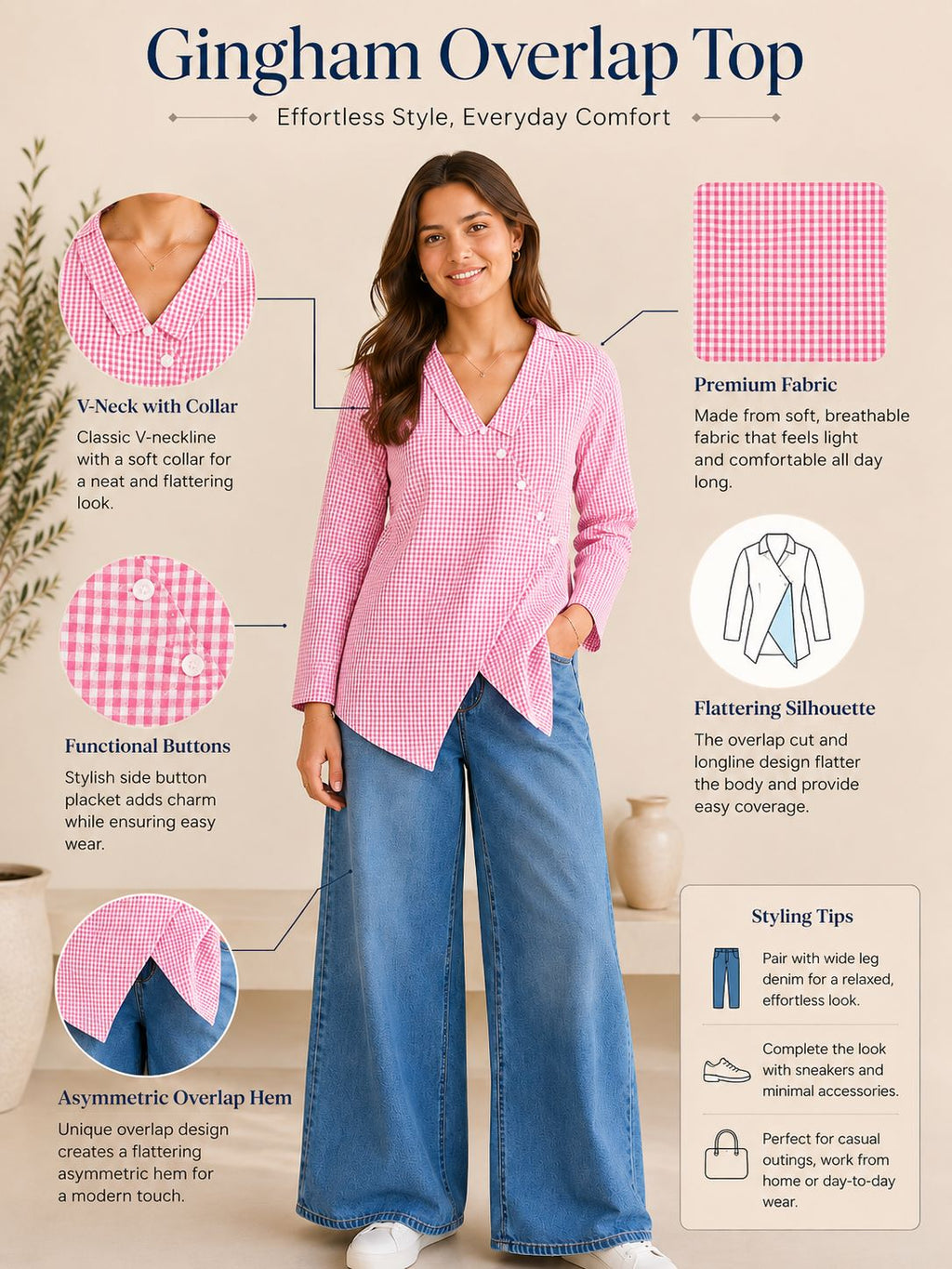 Myshka Women's Pink Gingham Cotton Wrap Style Top with Sailor Collar | Grocsy