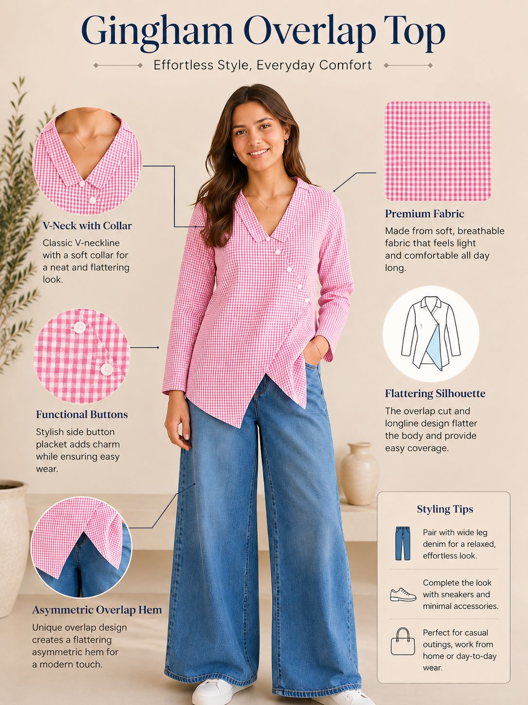 Myshka Women's Pink Gingham Cotton Wrap Style Top with Sailor Collar | Grocsy