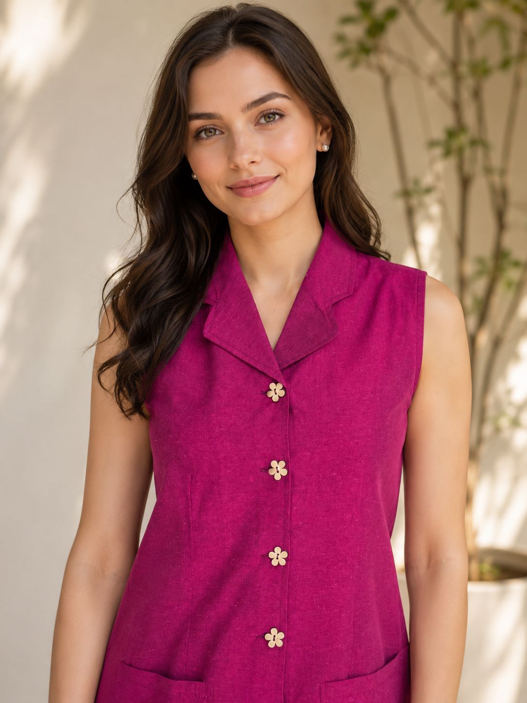 Myshka Women Mauve Linen Sleeveless Collared Neck Shirt Dress 2 Pocket | Grocsy