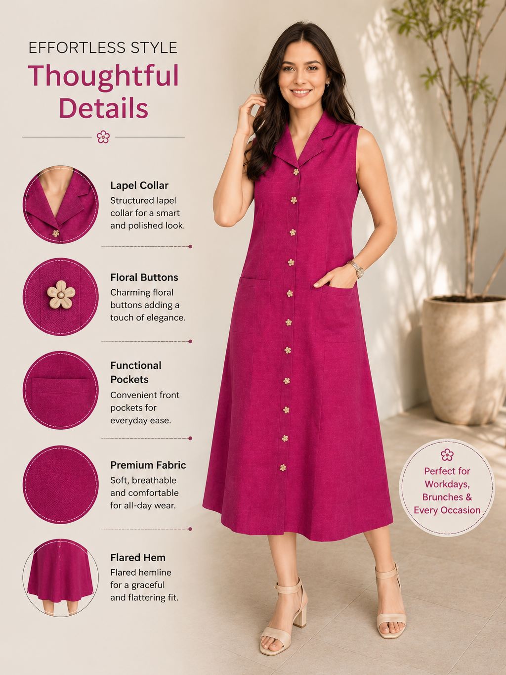 Myshka Women Mauve Linen Sleeveless Collared Neck Shirt Dress 2 Pocket | Grocsy