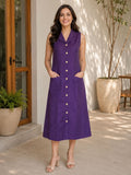 Myshka Women Blue Linen Sleeveless Collared Neck Shirt Dress 2 Pocket | Grocsy
