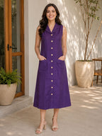 Myshka Women Blue Linen Sleeveless Collared Neck Shirt Dress 2 Pocket | Grocsy