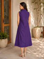 Myshka Women Blue Linen Sleeveless Collared Neck Shirt Dress 2 Pocket | Grocsy