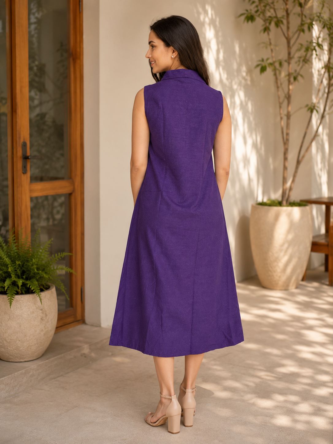 Myshka Women Blue Linen Sleeveless Collared Neck Shirt Dress 2 Pocket | Grocsy