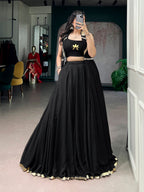 Lorenvalley Fashion Black Feather-Light Flow Fabric With Lace Lehenga Choli With Long Jacket | Grocsy