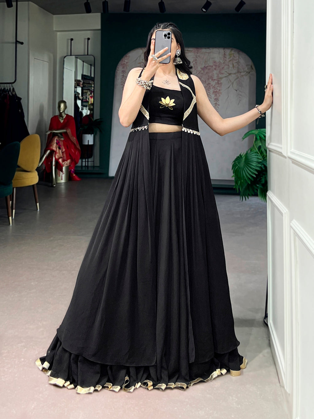 Lorenvalley Fashion Black Feather-Light Flow Fabric With Lace Lehenga Choli With Long Jacket | Grocsy