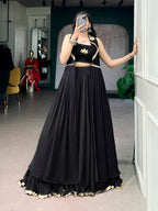 Lorenvalley Fashion Black Feather-Light Flow Fabric With Lace Lehenga Choli With Long Jacket | Grocsy