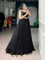 Lorenvalley Fashion Black Feather-Light Flow Fabric With Lace Lehenga Choli With Long Jacket | Grocsy