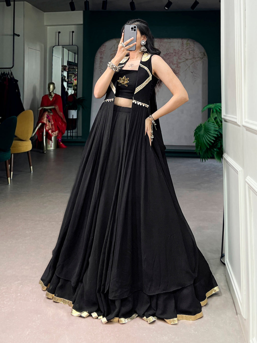 Lorenvalley Fashion Black Feather-Light Flow Fabric With Lace Lehenga Choli With Long Jacket | Grocsy