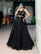 Lorenvalley Fashion Black Feather-Light Flow Fabric With Lace Lehenga Choli With Long Jacket | Grocsy
