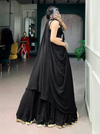 Lorenvalley Fashion Black Feather-Light Flow Fabric With Lace Lehenga Choli With Long Jacket | Grocsy