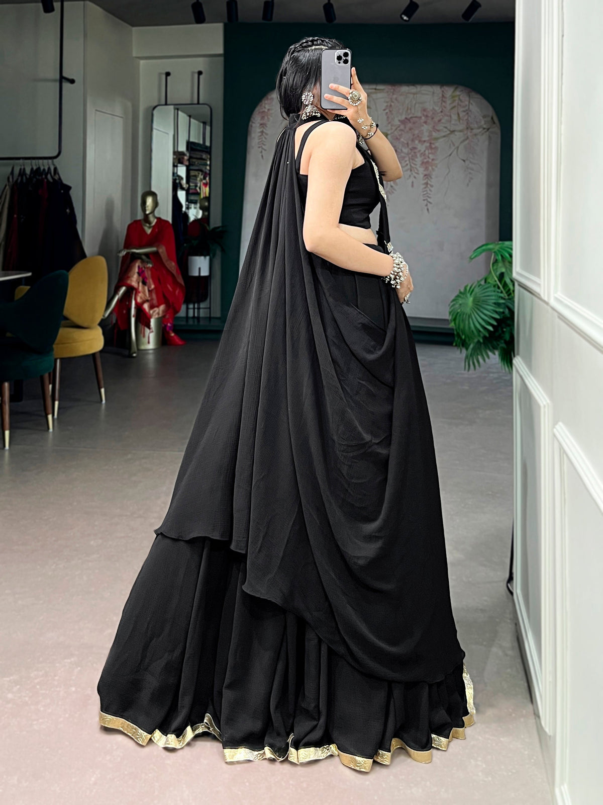 Lorenvalley Fashion Black Feather-Light Flow Fabric With Lace Lehenga Choli With Long Jacket | Grocsy
