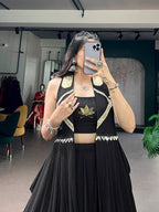 Lorenvalley Fashion Black Feather-Light Flow Fabric With Lace Lehenga Choli With Long Jacket | Grocsy