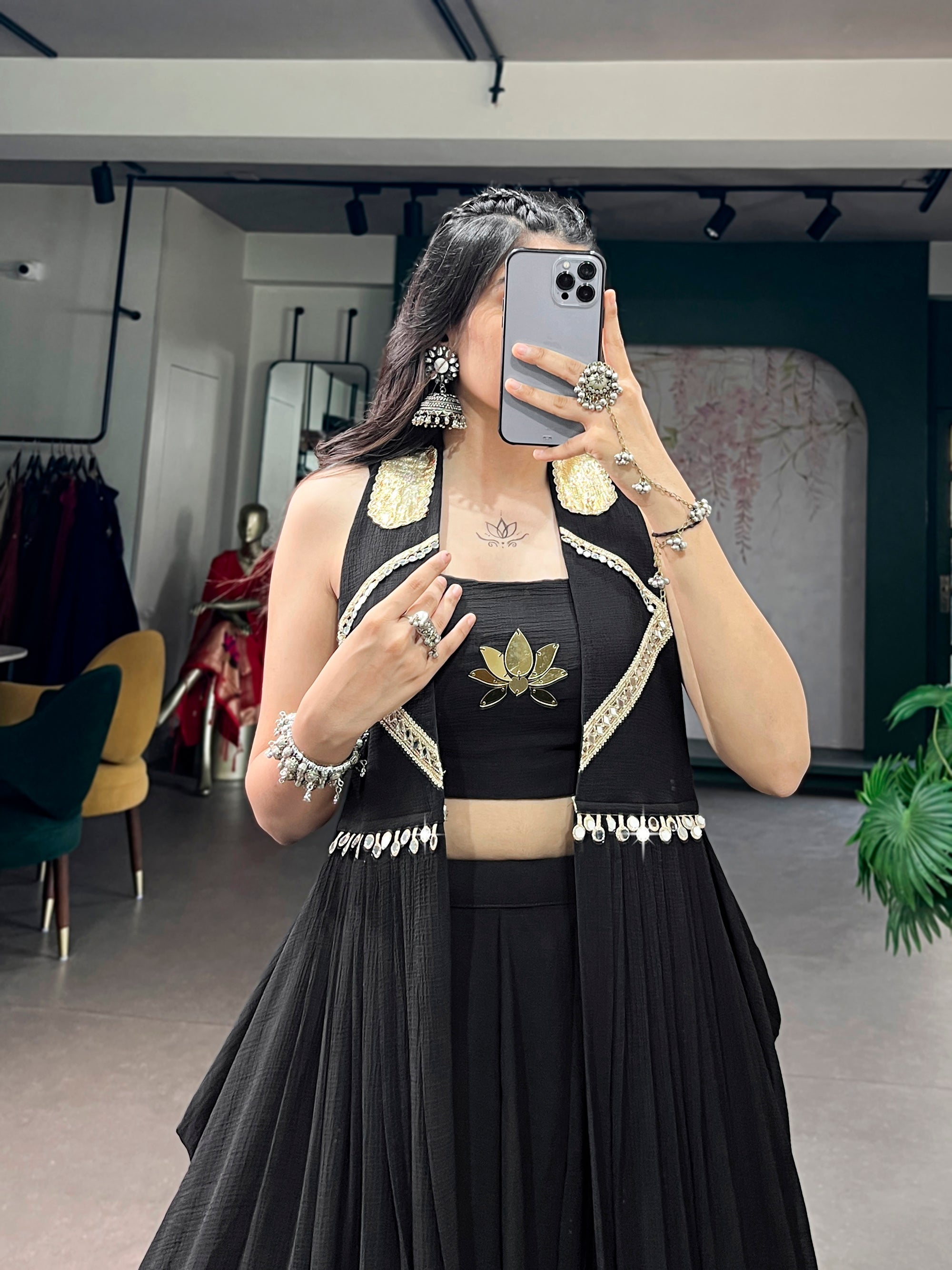 Lorenvalley Fashion Black Feather-Light Flow Fabric With Lace Lehenga Choli With Long Jacket | Grocsy