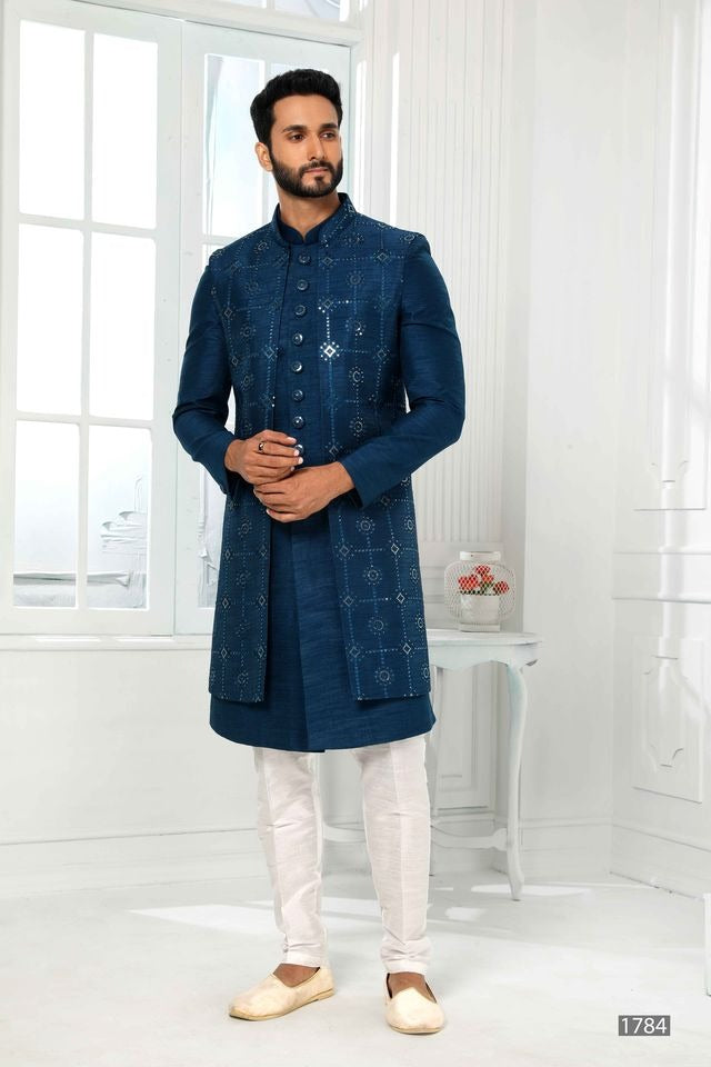 Raivat Ethnic Art Silk Embroidery Work 3 Pcs Indo Jacket Set In Teal Colour | Grocsy