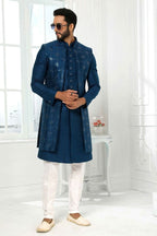 Raivat Ethnic Art Silk Embroidery Work 3 Pcs Indo Jacket Set In Teal Colour | Grocsy
