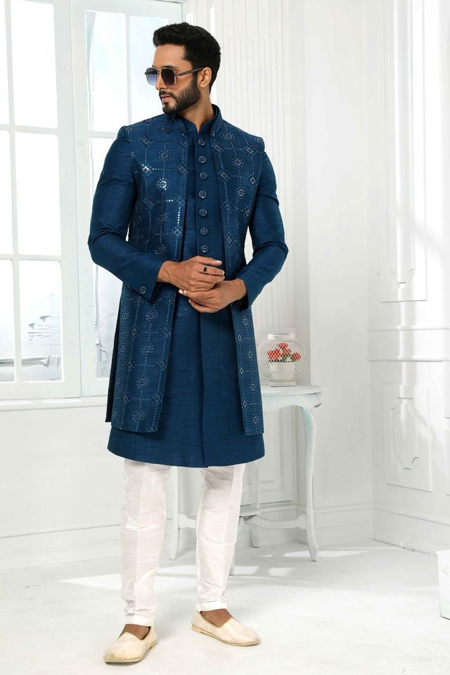 Raivat Ethnic Art Silk Embroidery Work 3 Pcs Indo Jacket Set In Teal Colour | Grocsy