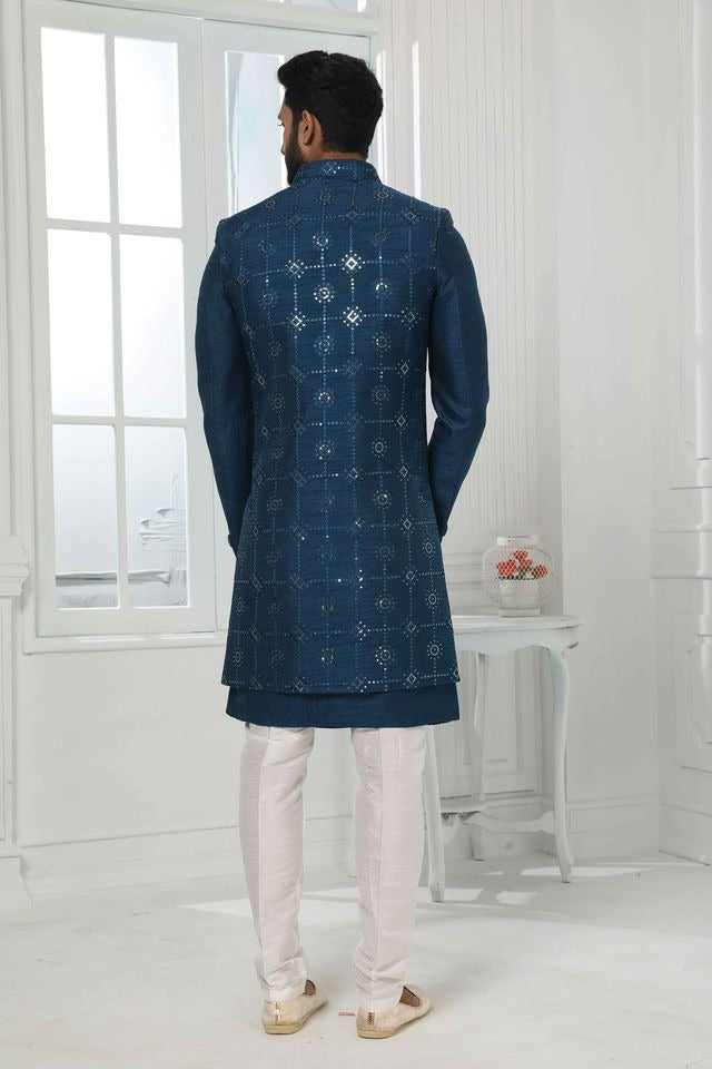 Raivat Ethnic Art Silk Embroidery Work 3 Pcs Indo Jacket Set In Teal Colour | Grocsy