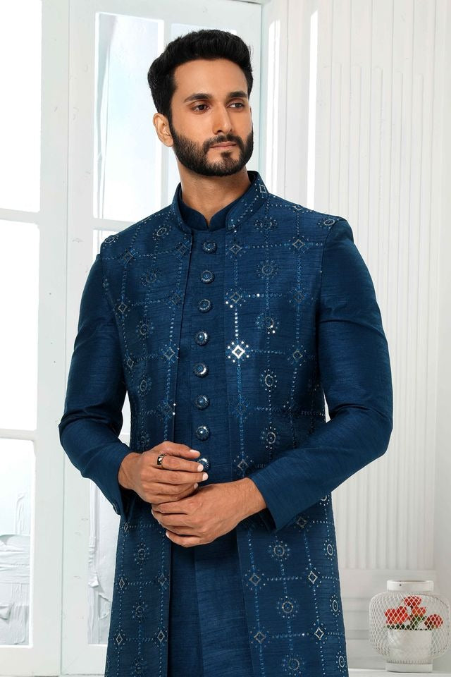Raivat Ethnic Art Silk Embroidery Work 3 Pcs Indo Jacket Set In Teal Colour | Grocsy