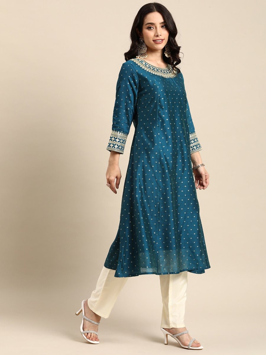 All About You Ethnic Motifs Embroidered Sequinned Kurta With Trousers | Grocsy