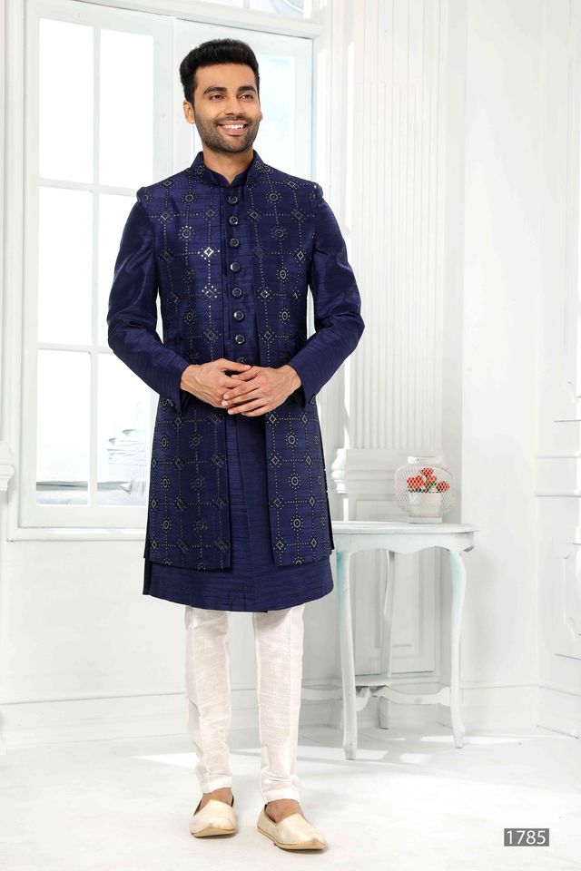 Raivat Ethnic Art Silk Embroidery Work 3 Pcs Indo Jacket Set In Blue Colour | Grocsy
