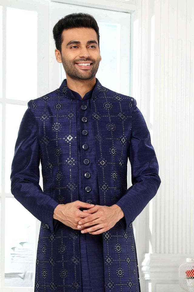 Raivat Ethnic Art Silk Embroidery Work 3 Pcs Indo Jacket Set In Blue Colour | Grocsy
