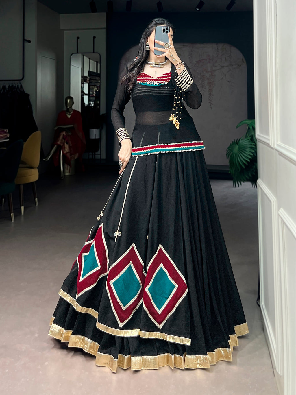 Lorenvalley Fashion Black Marble With Elegant Lace And Dangling Cowrie Bell Detailing Lehenga Choli With Tunic | Grocsy