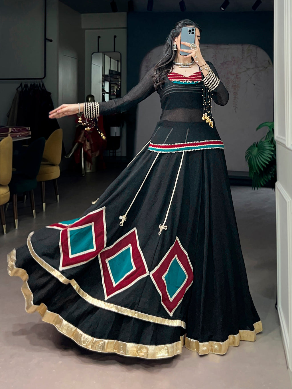 Lorenvalley Fashion Black Marble With Elegant Lace And Dangling Cowrie Bell Detailing Lehenga Choli With Tunic | Grocsy